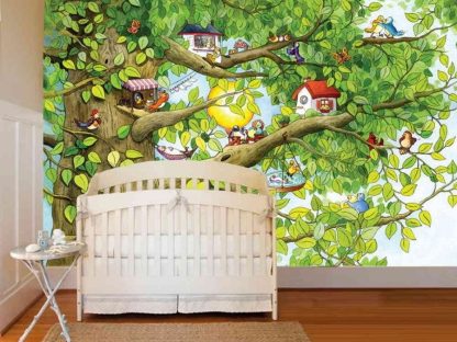 Bird Tree Wallpaper, as seen on the wall of this nursery, is a kids mural with cute birds doing chores in a treehouse from About Murals.