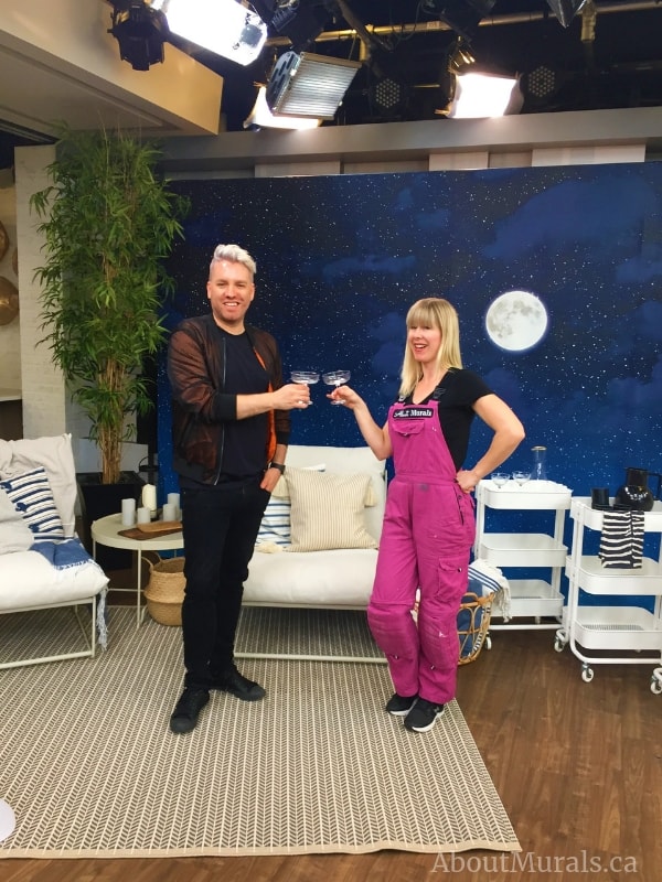 Night Sky Mural, as seen on Christian Dare's Cityline set, features a moonlit sky with twinkling stars. Easy wallpaper sold by AboutMurals.ca.