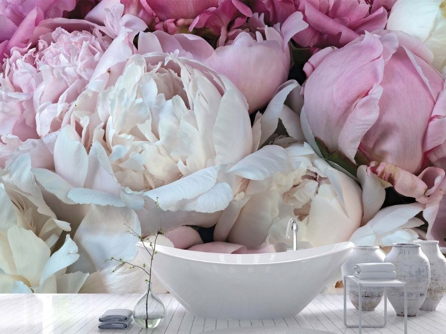 Peony Wallpaper, as seen on the wall of this bathroom, is a high res photo wallpaper of large pink and white peony flowers that look realistic from About Murals.