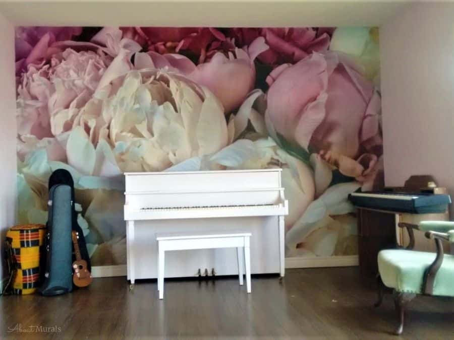 Peony Wallpaper, as seen on the wall of this customer's living room, features a close up photo of pink peonies. Floral wallpaper sold by AboutMurals.ca.
