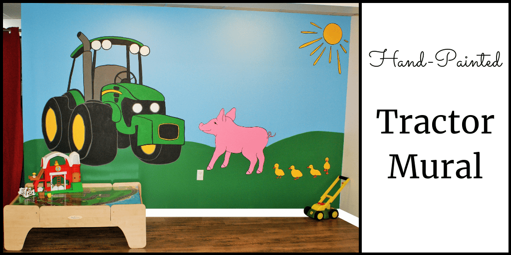 A tractor mural, painted by Adrienne of AboutMurals.ca, features a green tractor, pig and ducks on a farm