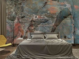 Canadian Shield Rock Face Wallpaper, as seen on the wall of this grey bedroom, features tons of rugged texture with its grey and rust stone face. Stone wallpaper sold by AboutMurals.ca.