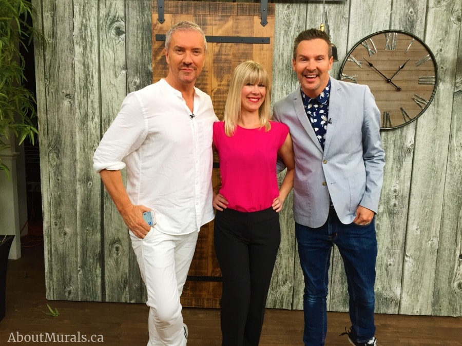 Adrienne of About Murals with Colin and Justin on set at Cityline with her Wood Look Wallpaper
