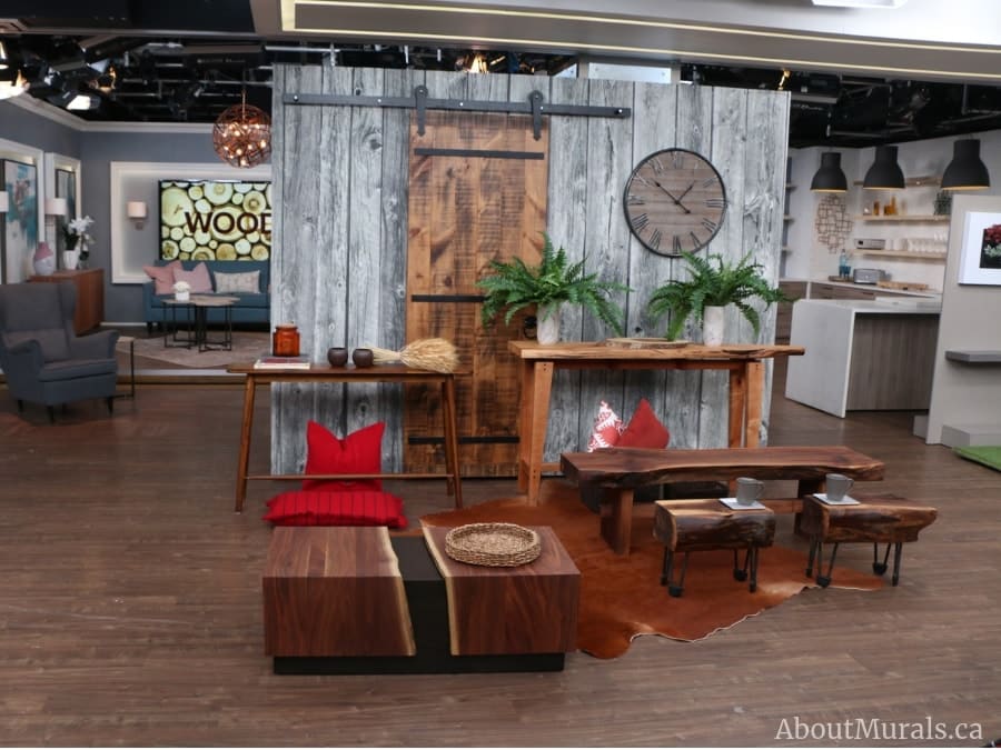 Warm Wooden Furniture Against a Faux Wood Wallpaper from AboutMurals.ca on set at Cityline