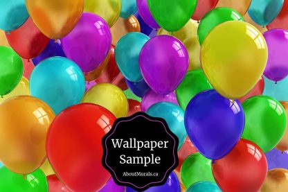 Balloon Wall Mural Sample features a wall full of rainbow coloured balloons. Kids wallpaper sold by About Murals.