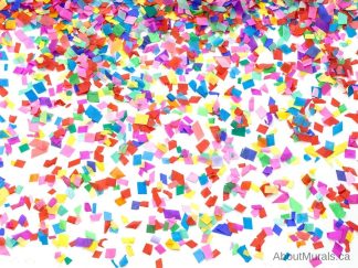 Confetti Wallpaper is an explosion of rainbow coloured tissue paper printed on removable wallpaper from AboutMurals.ca