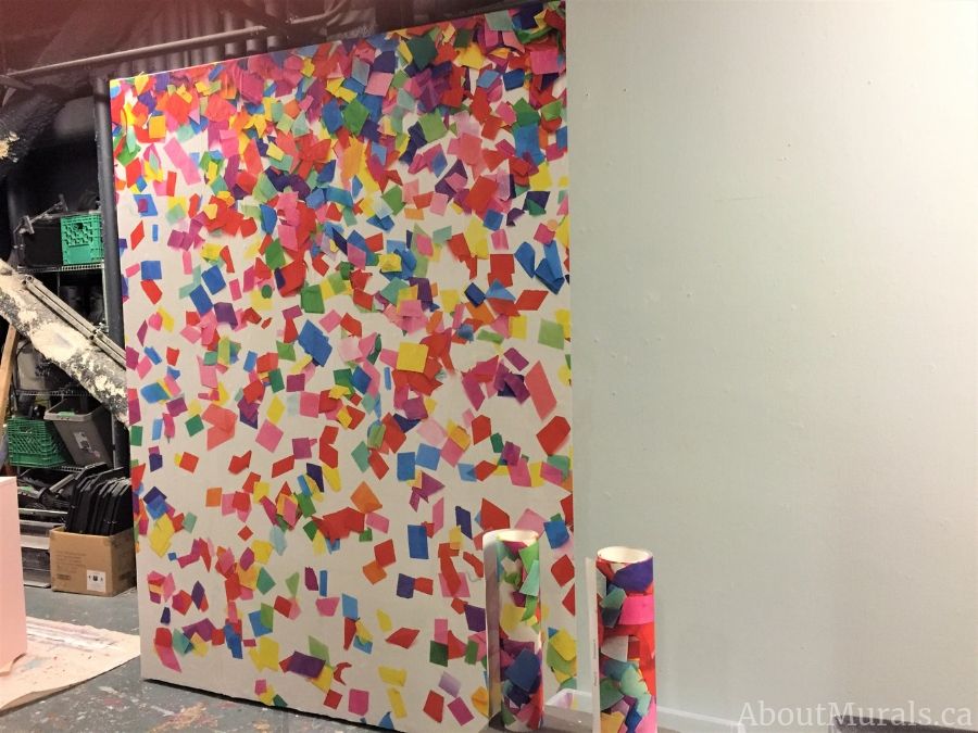 Party Room Wallpaper with confetti being hung on set at Cityline