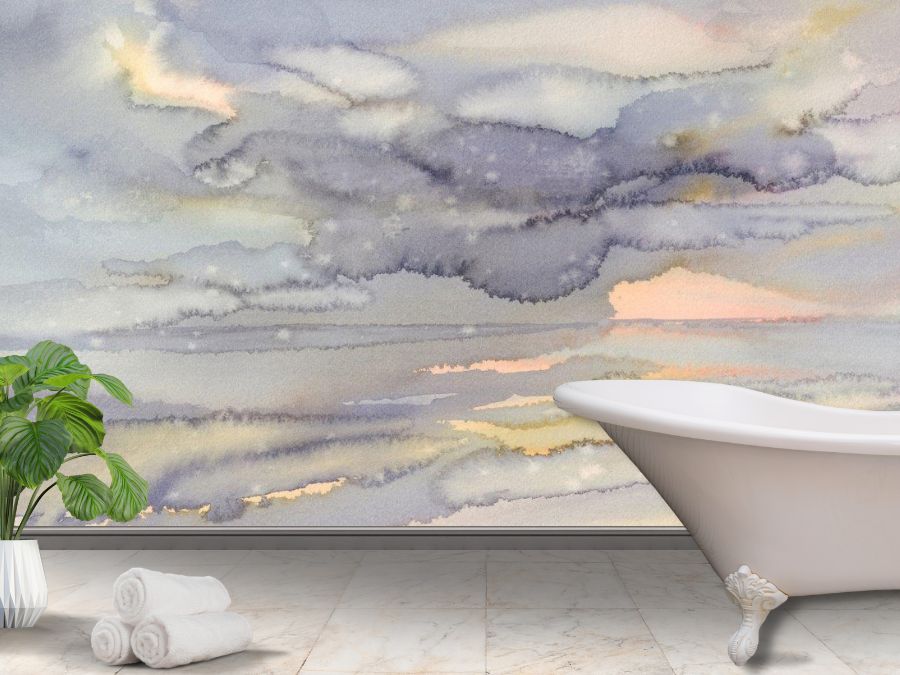 Watercolor Wallpaper, as seen on the wall of this bathroom, is a high resolution mural of a purple, grey and peace watercolor painting that looks like a stormy sunset over a lake from About Murals.