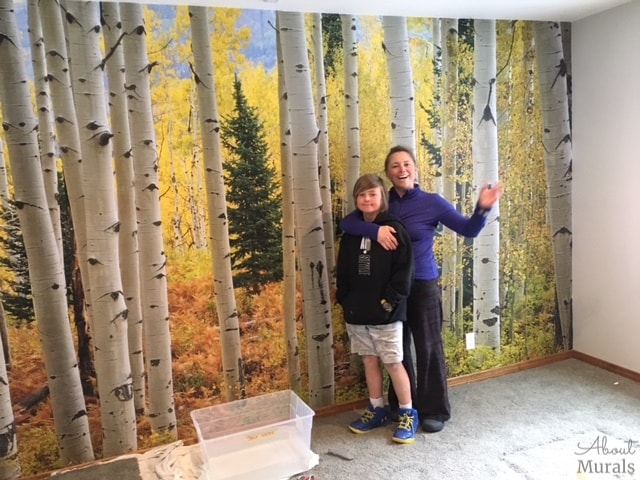 Sandra and son hang this Aspen tree wallpaper. Prepasted wallpaper sold by AboutMurals.ca