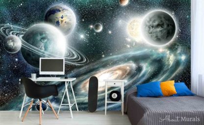 Deep in Space Wallpaper, as seen on the wall of this bedroom, features twinkling stars among planets in our solar system. Galaxy wallpaper sold by AboutMurals.ca.