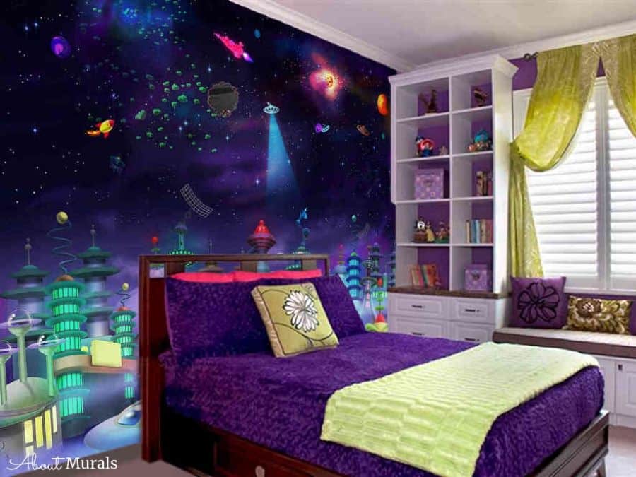 Space Mural for Kids features spaceships hovering over an alien city as seen in this purple bedroom, from AboutMurals.ca