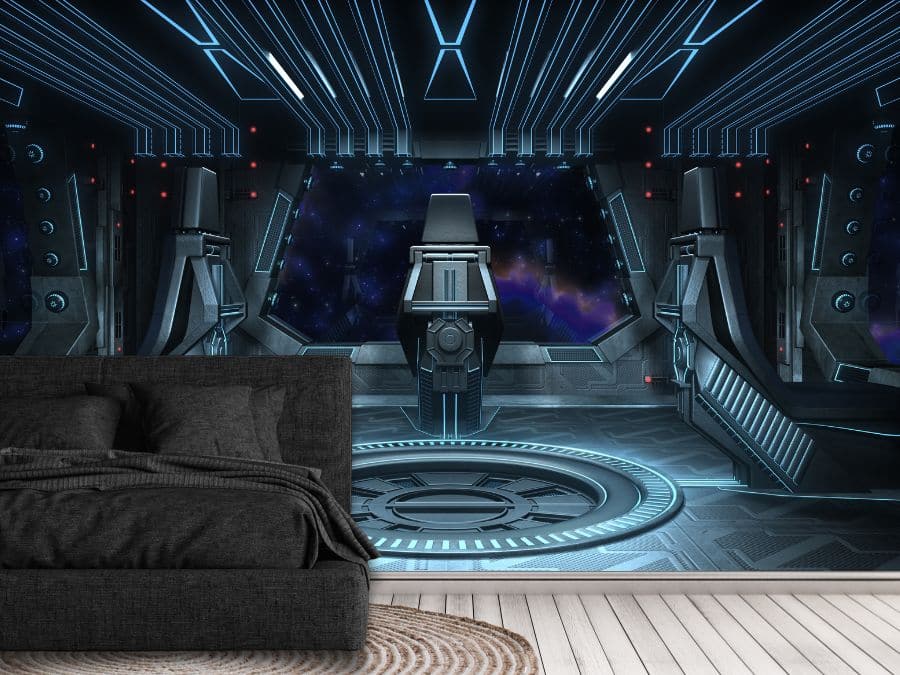 Spaceship Inside Wallpaper, as seen on the wall of this bedroom, is a space wall mural of a black cockpit full of controls looking out onto a galactic sky full of stars from About Murals.