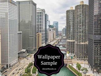 Chicago River Mural Sample features towering skyscrapers overlooking a bustling city. Cityscape wallpaper sold by About Murals.