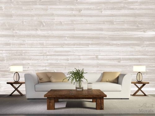 Beige Horizontal Barnwood Wall Mural, as seen in this living room, features light coloured wood in horizontal planks. Wood wallpaper from AboutMurals.ca