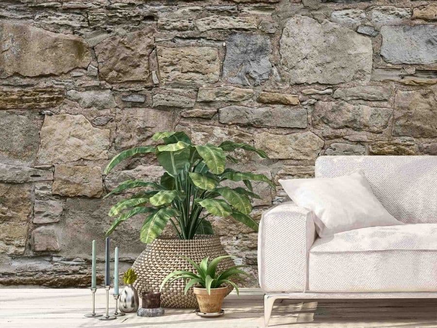 Castle Stone Wallpaper, as seen in this beige living room, is a high resolution photo mural of a real brown stone wall from About Murals.