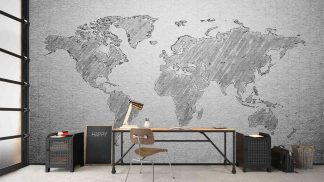Textured Gray World Map Wallpaper, as seen on the wall of this office, is a neutral looking mural from About Murals.