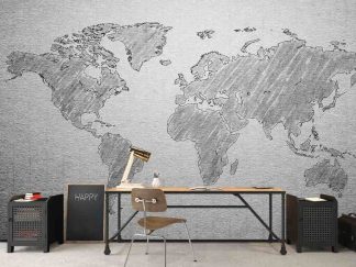 Textured Gray World Map Wallpaper, as seen on the wall of this office, is a neutral looking mural from About Murals.