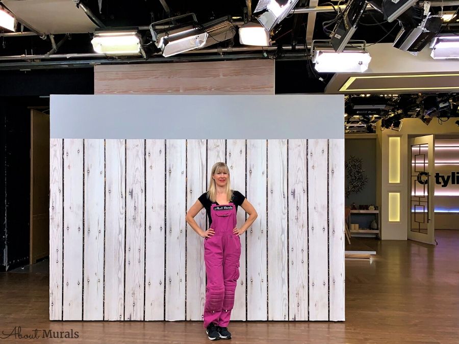 White Wood Wallpaper, as seen on Cityline, is installed by Adrienne of AboutMurals.ca.