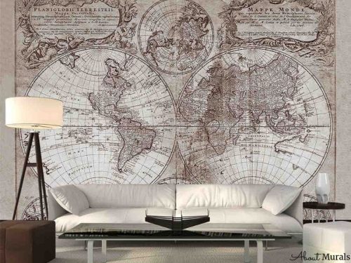 Old Map Wallpaper 1746 Sepia, as seen on the wall of this living room, features an aged double hemisphere map. Easy wallpaper sold by AboutMurals.ca.