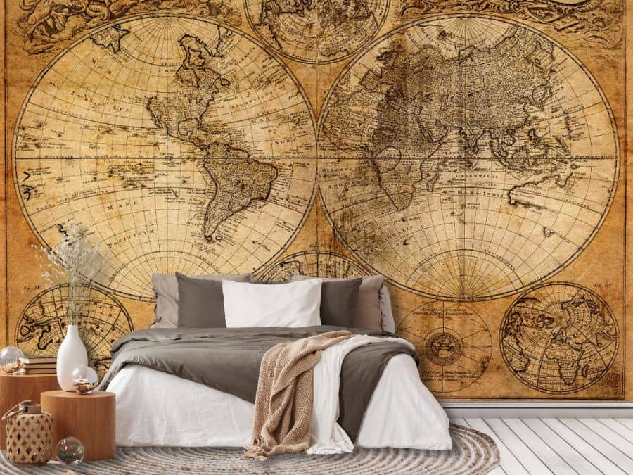 Old World Map Wallpaper, as seen on the wall of this bedroom, is a map mural with an ancient map from 1746 with two hemispheres from About Murals.