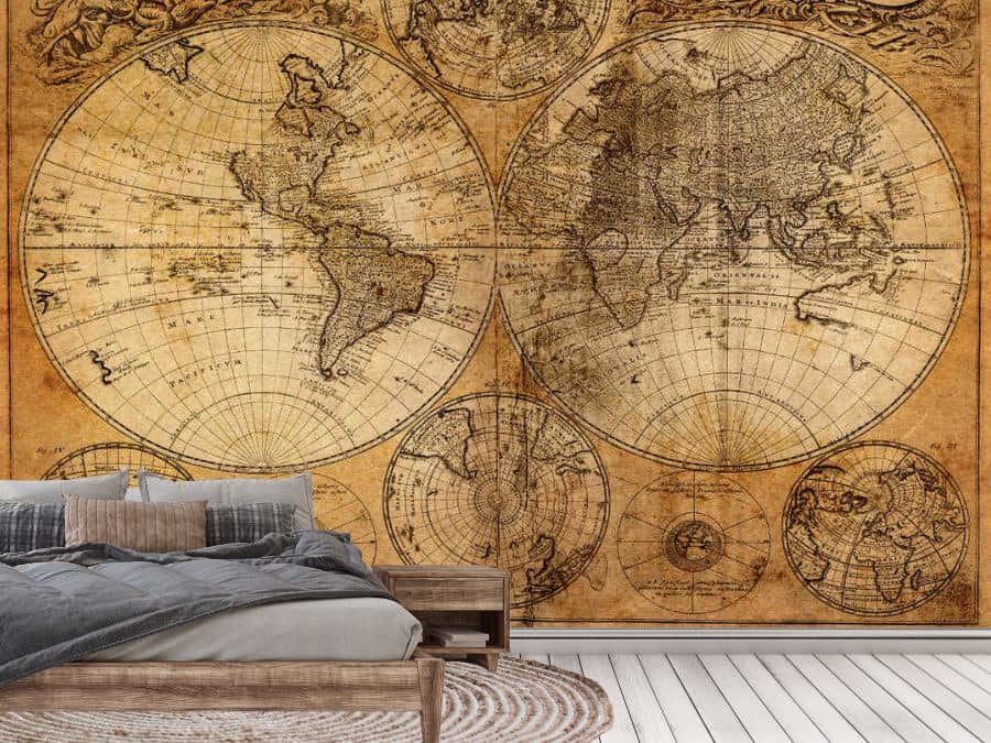 Old World Map Wallpaper, as seen on the wall of this grey bedroom, is a map wall mural with countries from 1746 in a double hemisphere design from About Murals.
