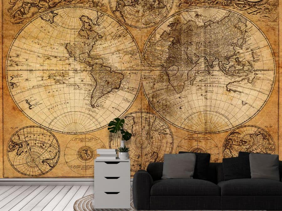 Old World Map Wallpaper, as seen on the wall of this living room, is a vintage map mural from the year 1746 showcasing countries in a double hemisphere style from About Murals.