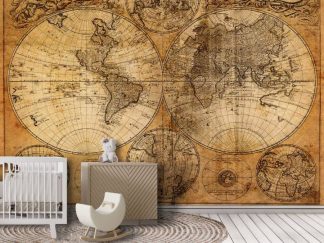 Old World Map Wallpaper, as seen on the wall of this nursery, is an old style map mural with a vintage double hemisphere design from About Murals.