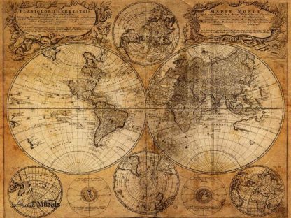 Old World Map Wallpaper features a brown, vintage double hemisphere design from a map dated in 1746. Map wallpaper sold by AboutMurals.ca.
