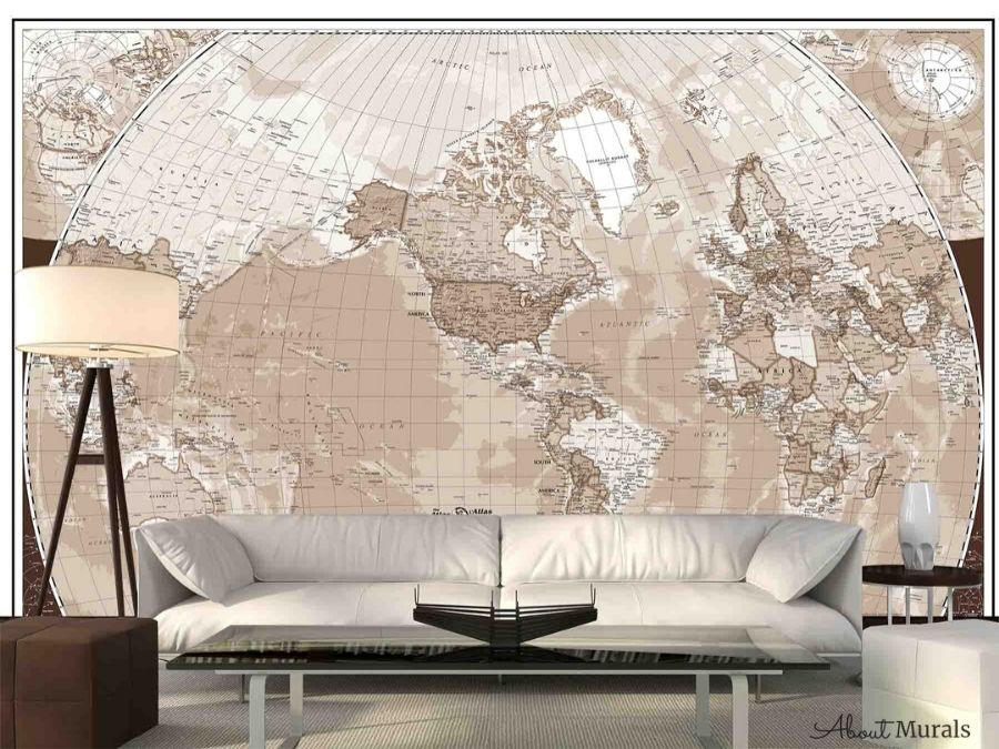 Sepia World Map Wallpaper, as seen on the wall of this living room, features an antique looking atlas map design. Map wallpaper sold by AboutMurals.ca