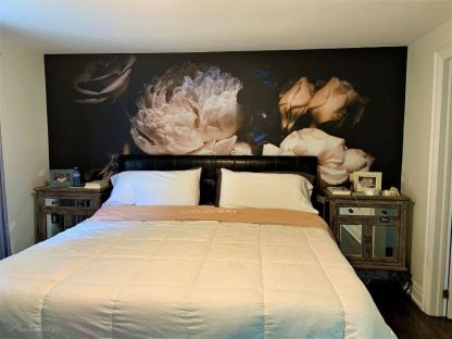 Black Floral Wallpaper, as seen on the wall of this bedroom, features roses and peonies on a dark background. Flower wallpaper sold by AboutMurals.ca.