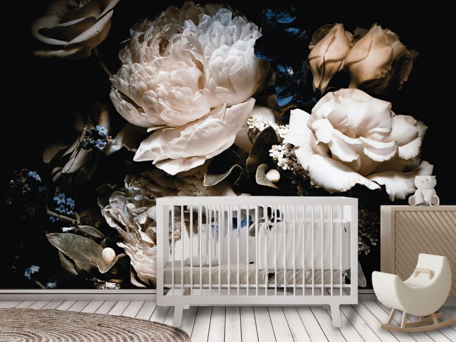 Black Floral Wallpaper, as seen on the wall of this nursery, is a photo wall mural of large cream rose and peony flowers on a dark background from About Murals.