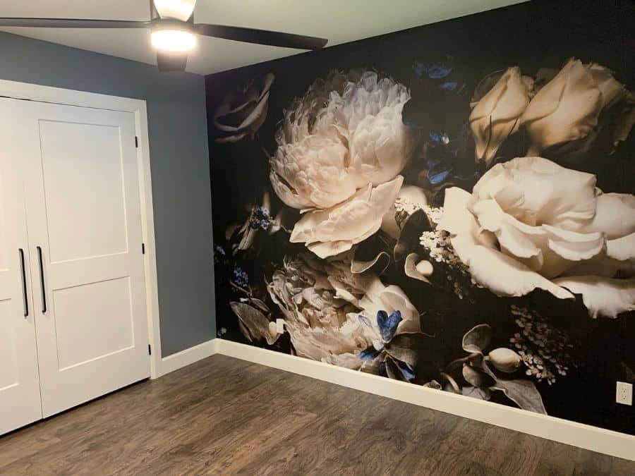 Black Floral Wallpaper, as seen on the wall of this room, is a photo mural of cream peony and rose flowers on a dark background from About Murals.