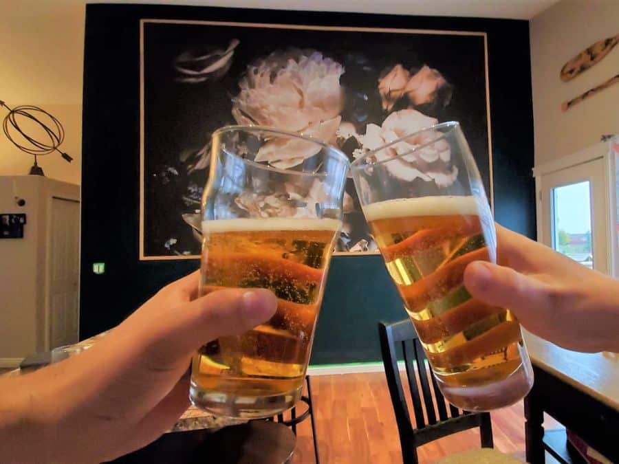 Black Floral Wallpaper, seen behind two people tapping beer glasses together in a sitting room, is a flower wall mural with large flowers on a black background from About Murals.