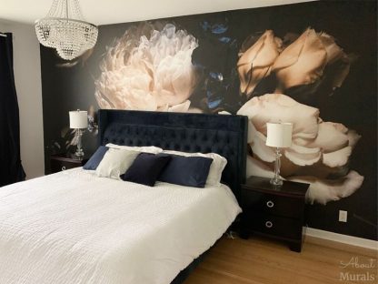 Black Floral Wallpaper, as seen on the wall of this master bedroom, makes a big statement with peony and rose flowers on a dark background. Flower wallpaper sold by AboutMurals.ca.