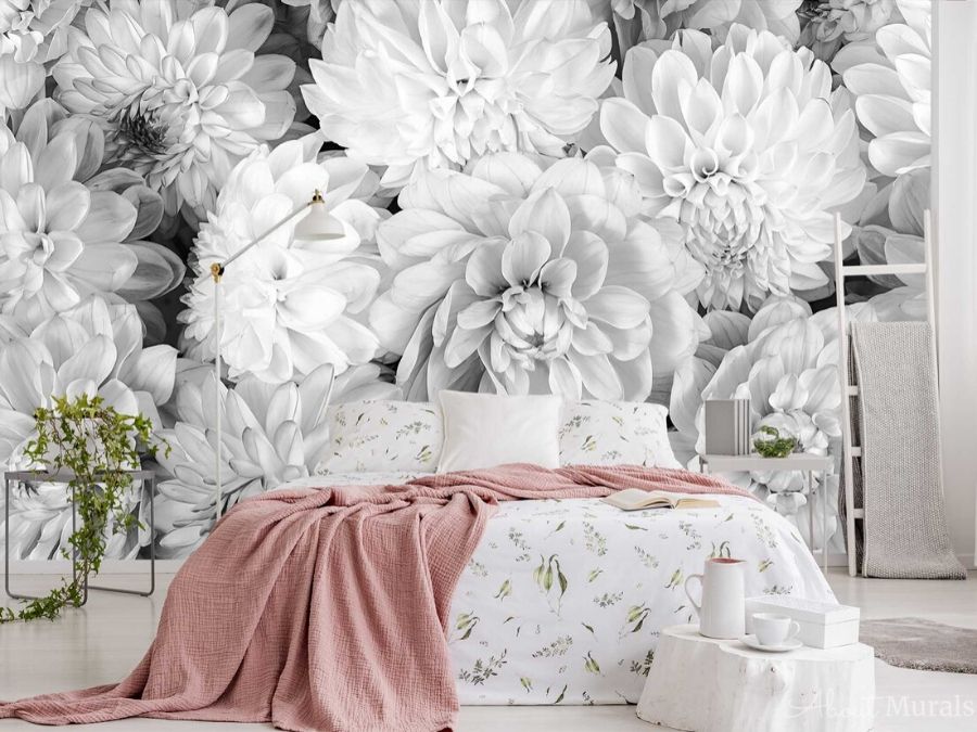 Black and White Flower Wallpaper, as seen on the wall of this pink bedroom, is a photo mural of large dahlias from About Murals.