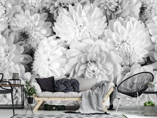 Black and White Flower Wallpaper, as seen on the wall of this living room, features beautiful grey dahlia flowers. Floral wallpaper from AboutMurals.ca.