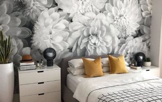 Black and White Flower Wallpaper, as seen on the wall of this master bedroom, creates a beautiful accent wall with its grey dahlia flowers. Floral wallpaper from AboutMurals.ca