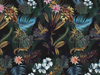 Black Tropical Wallpaper features exotic flowers, banana leaves, palm fronds and lizards on a dark background. Tropical wallpaper from AboutMurals.ca.