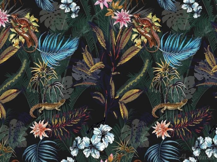 Black Tropical Wallpaper features exotic flowers, banana leaves, palm fronds and lizards on a dark background. Tropical wallpaper from AboutMurals.ca.