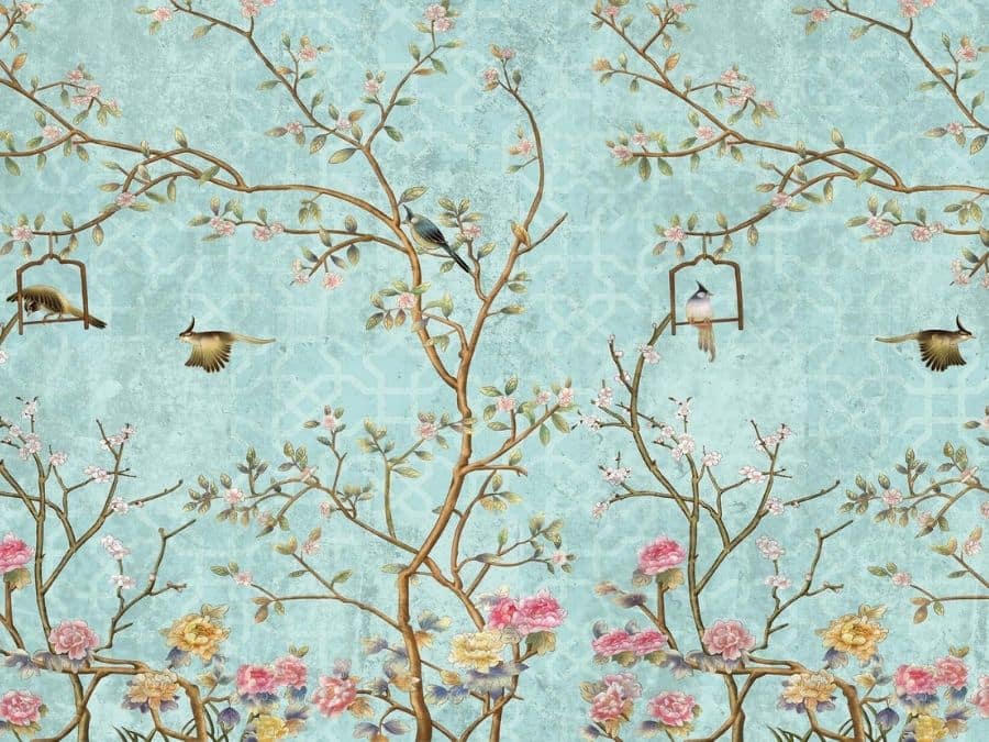 Chinoiserie Wallpaper features pink flowers and birds on a blue background from About Murals