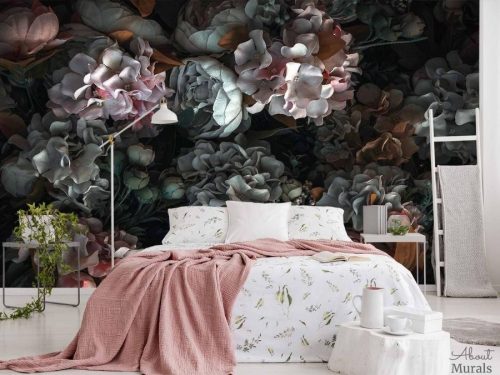 Dark Floral Wallpaper, as seen on the wall of this bedroom, feels beautiful with its pink and white flowers on a black background. Flower wallpaper sold by AboutMurals.ca.