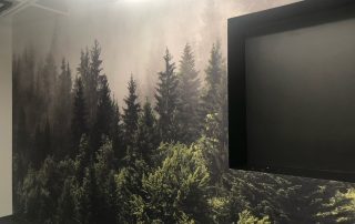 Foggy Forest Wallpaper, as seen on the wall of this office, is a photo mural of fog resting in pine trees from About Murals.