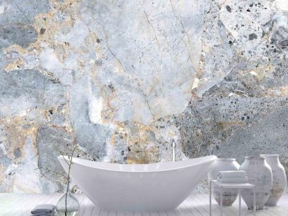 Gold Marble Wallpaper, as seen on the wall of this bathroom, feels luxurious with its grey stone and gold veins. Marble wall murals sold by AboutMurals.ca.