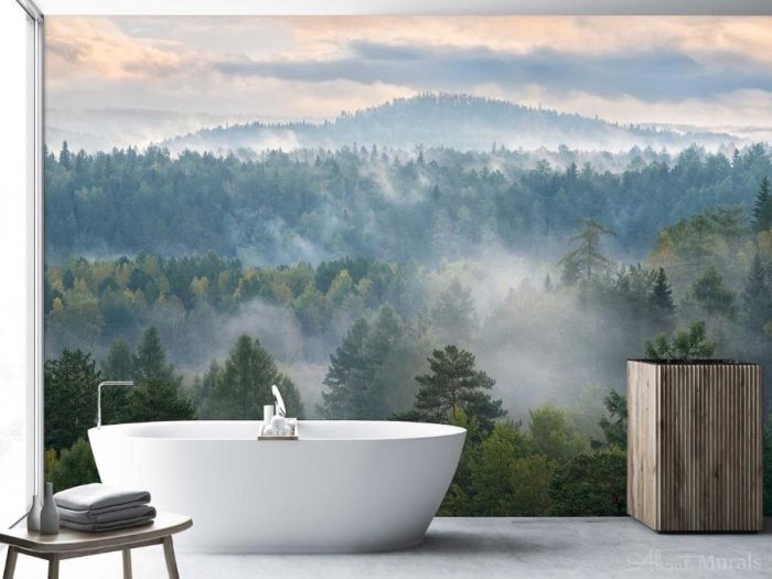 Misty Forest Wallpaper, as seen on the wall of this bathroom, features grey fog settling over dark pine trees in Deer Streams Park, Russia. Pine tree wallpaper sold by AboutMurals.ca.