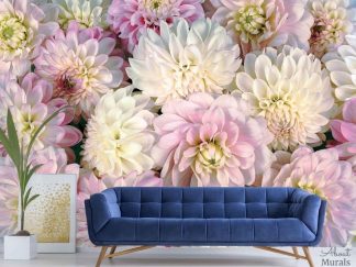 Pink Flower Wallpaper, as seen on the wall of this living room, features oversized dahlia flowers. Floral wallpaper sold by AboutMurals.ca.