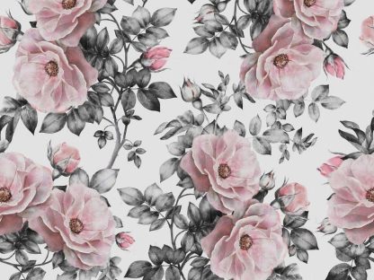 Vintage Flower Wallpaper creates beautiful walls with its antique blush pink roses and delicate leaves on a white canvas background. Floral wallpaper sold by AboutMurals.ca.