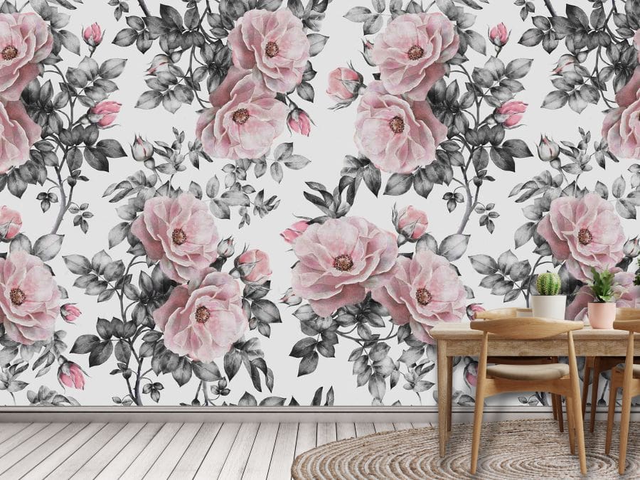 Vintage Flower Wallpaper, as seen on the wall of this kitchen, is a floral mural of large pink and gray roses from About Murals.