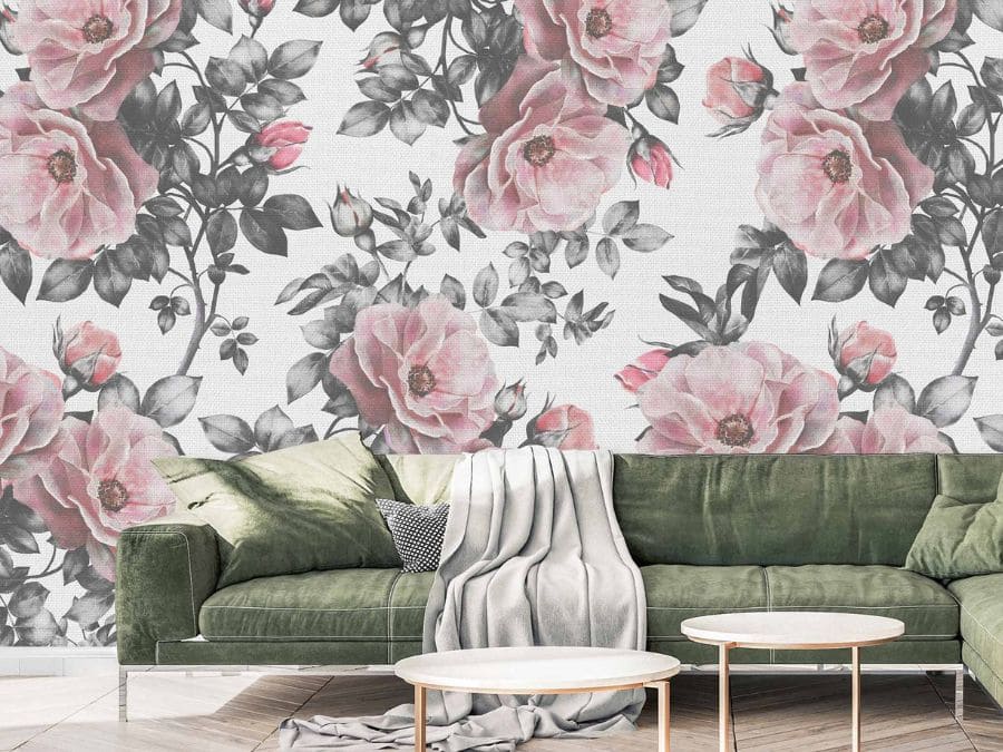 Vintage Flower Wallpaper, as seen on the wall of this light green living room, is a floral wall mural of pink and grey roses from About Murals.