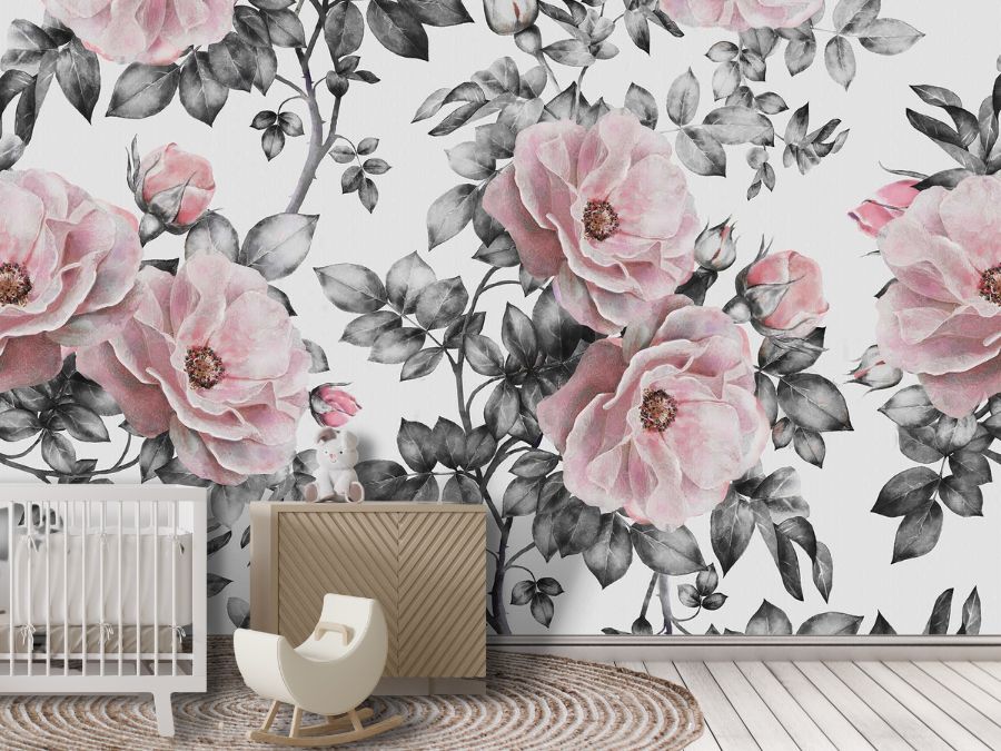 Vintage Flower Wallpaper, as seen on the wall of this nursery, is a floral mural with a repeating pattern of antique pink roses and grey leaves on a vine from About Murals.