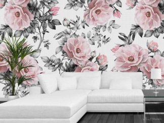 Vintage Flower Wallpaper, as seen on the wall of this living room, features beautiful blush pink roses and delicate leaves on a white background. Rose wall murals sold by AboutMurals.ca.